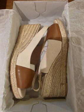 Eric Michael Tan Leather and Cream Canvas Espadrille Wedges